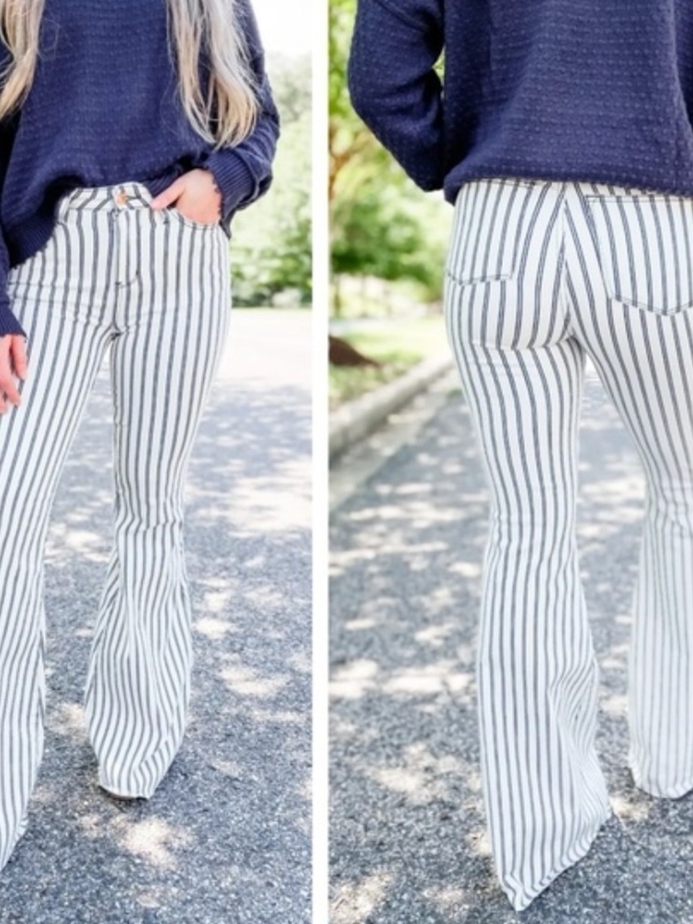 Judy Blue White & Navy Vertical Stripe Flare Pants 9/29